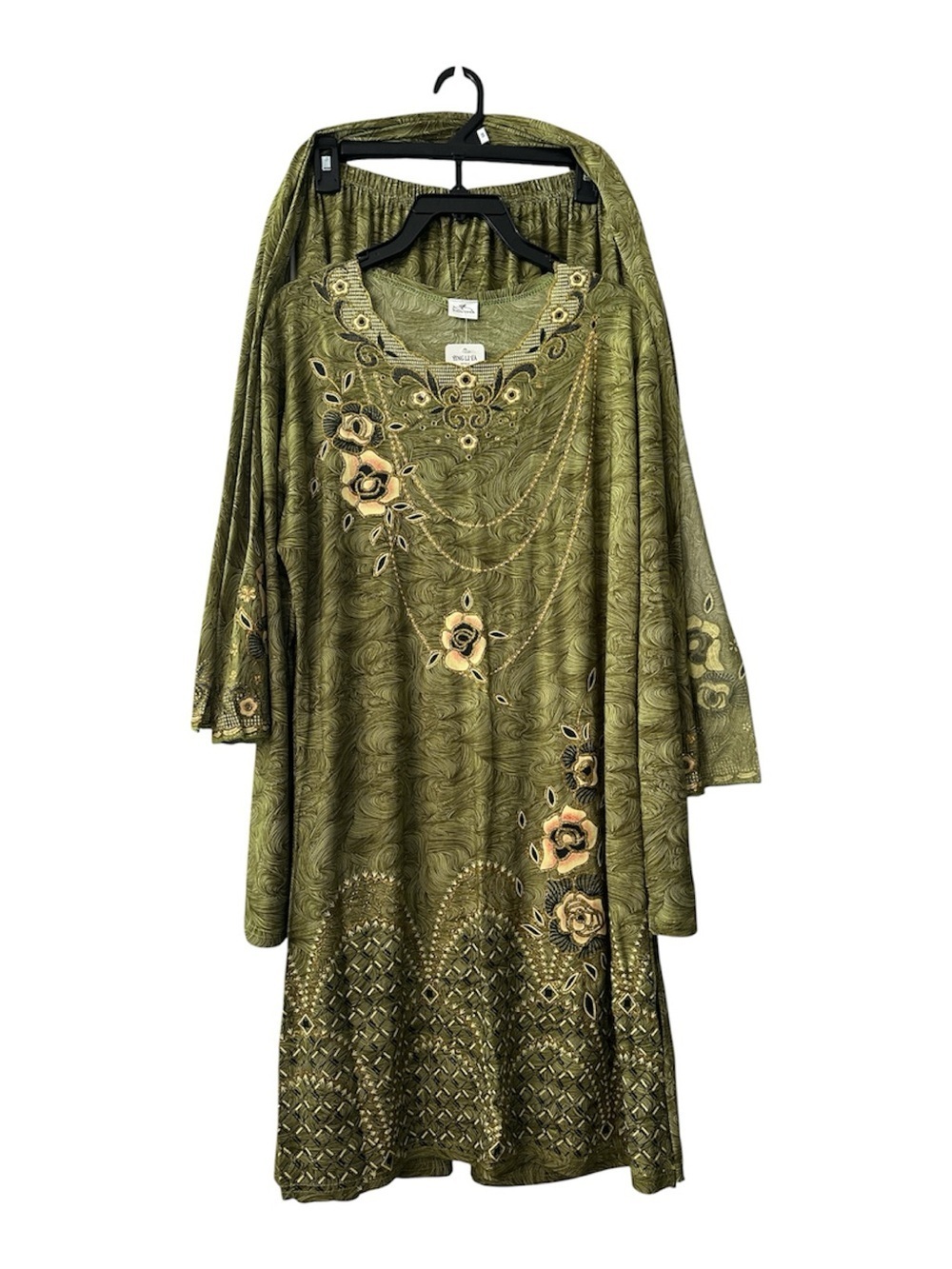 Ethnic Sari Olive Green 3 Pc Long Sleeves Pants Suit Set Traditional Global Wear